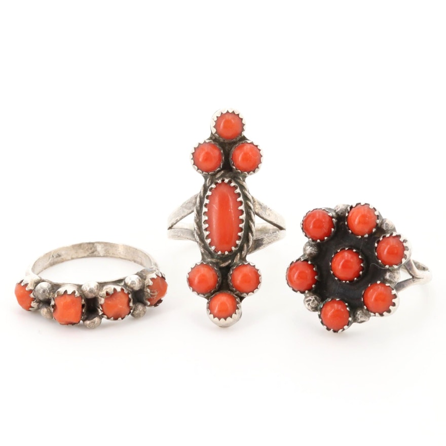 Southwestern Style Sterling Silver Coral Ring Assortment