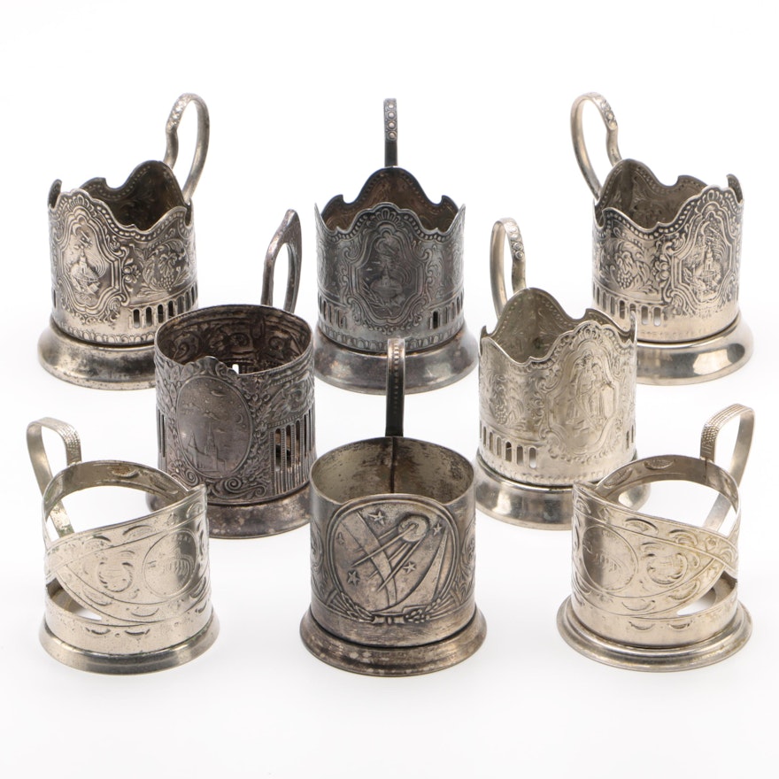 Soviet Space Race and other Metal Podstakannik Tea Glass Holders, Mid-Century