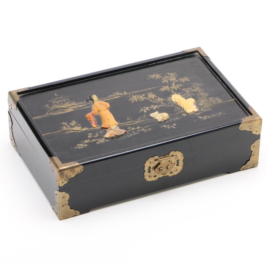 East Asian Ebonized Jewelry Box with Carved Soapstone Embellishments