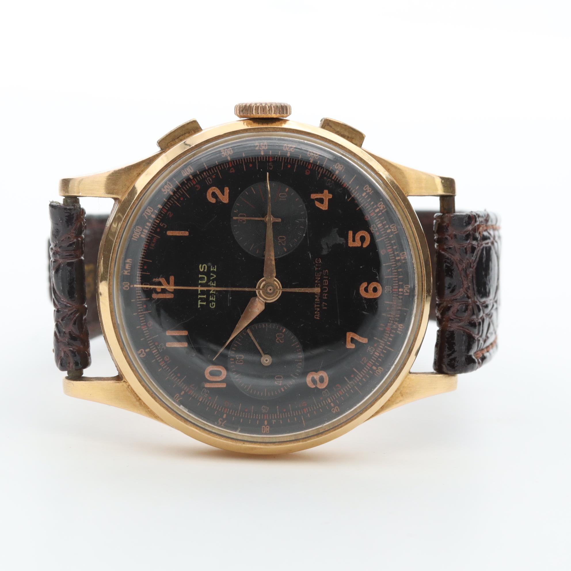 Vintage Titus 18K Yellow Gold Chronograph Watch