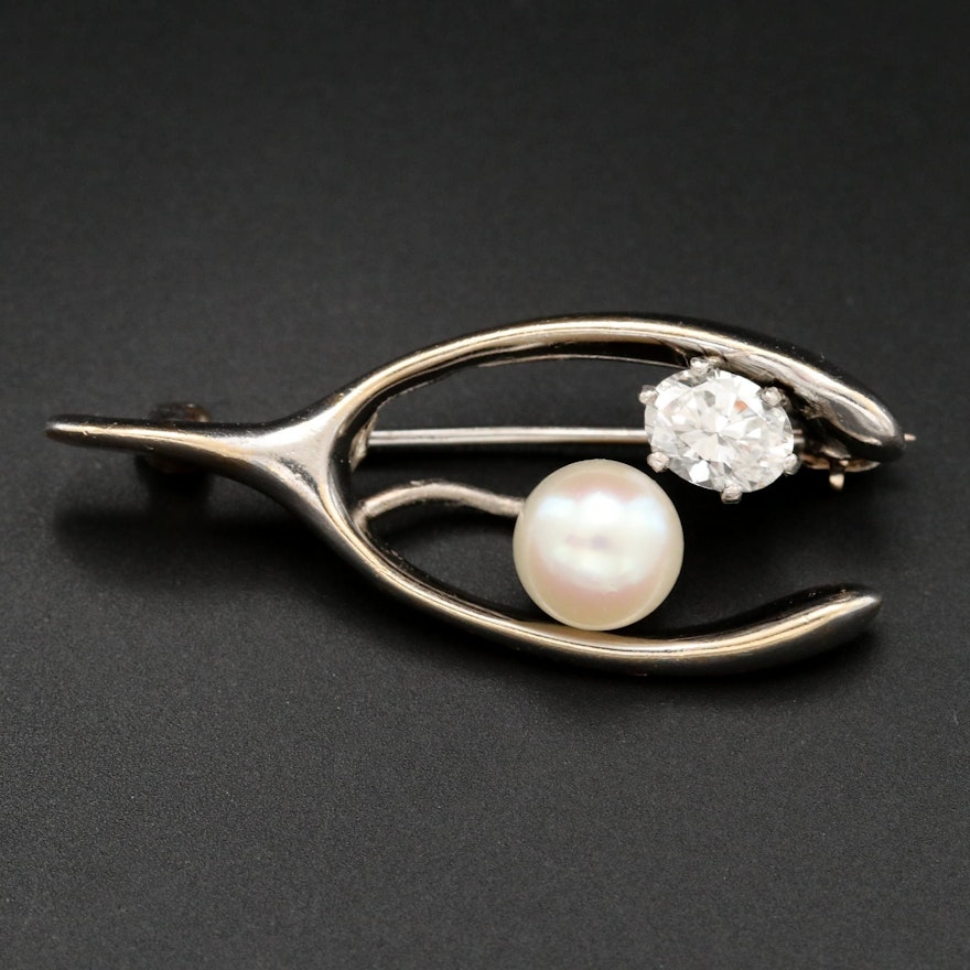 14K Gold Diamond and Cultured Pearl Wishbone Brooch