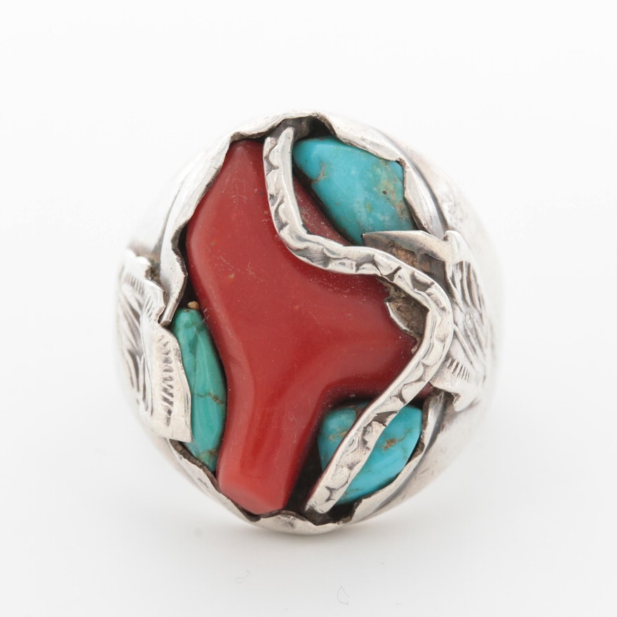 Southwestern Style Sterling Silver Coral and Turquoise Ring