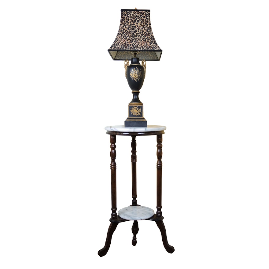 Victorian Style Marble Top Plant Stand and Ceramic Table Lamp