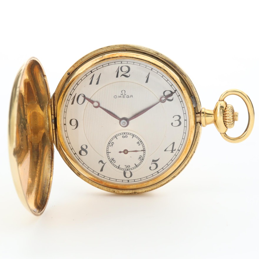 Vintage Omega 18K Yellow Gold Pocket Watch With Hunter Case