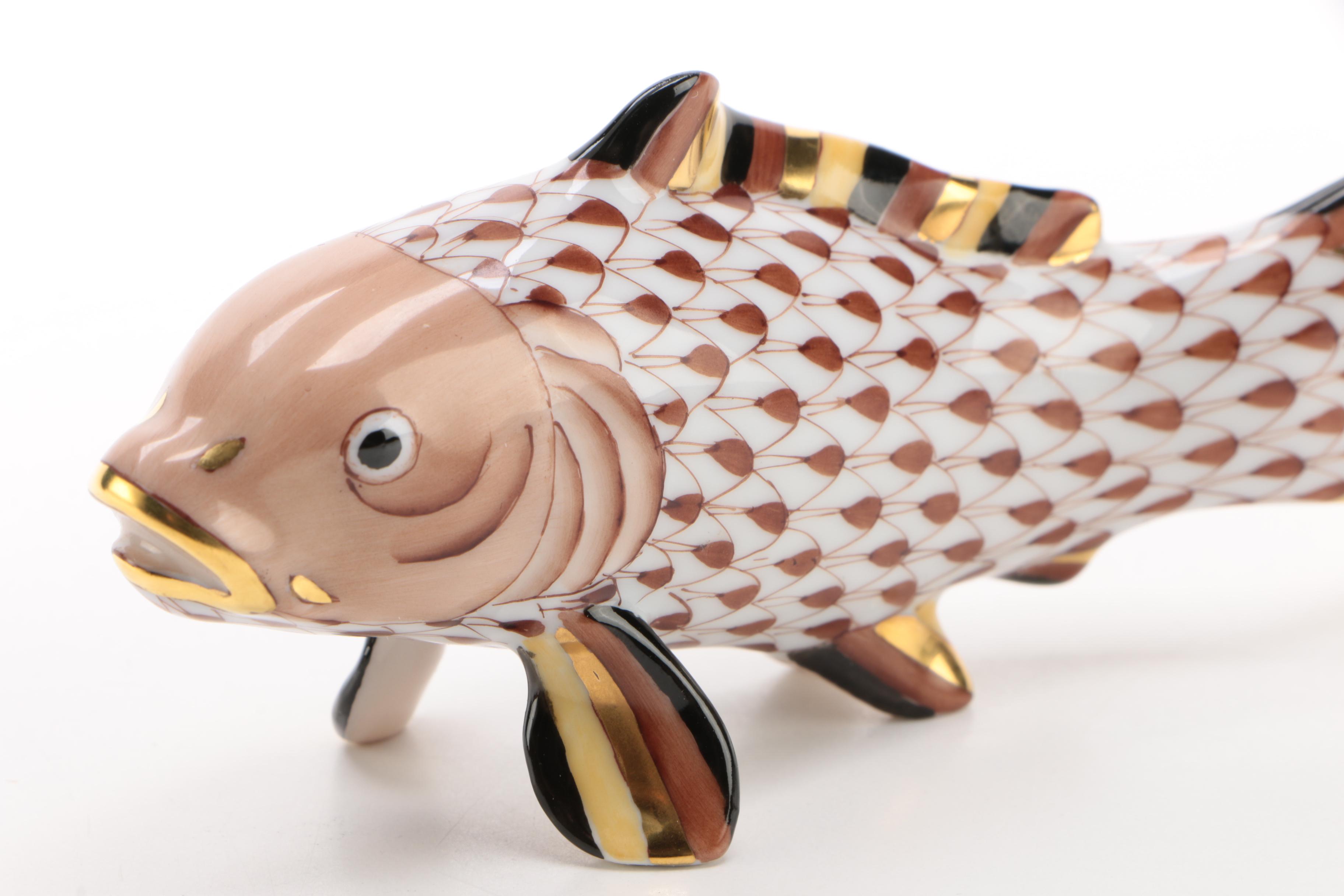 Herend Chocolate Fishnet with Gold "Carp Koi Fish" Porcelain Figurine