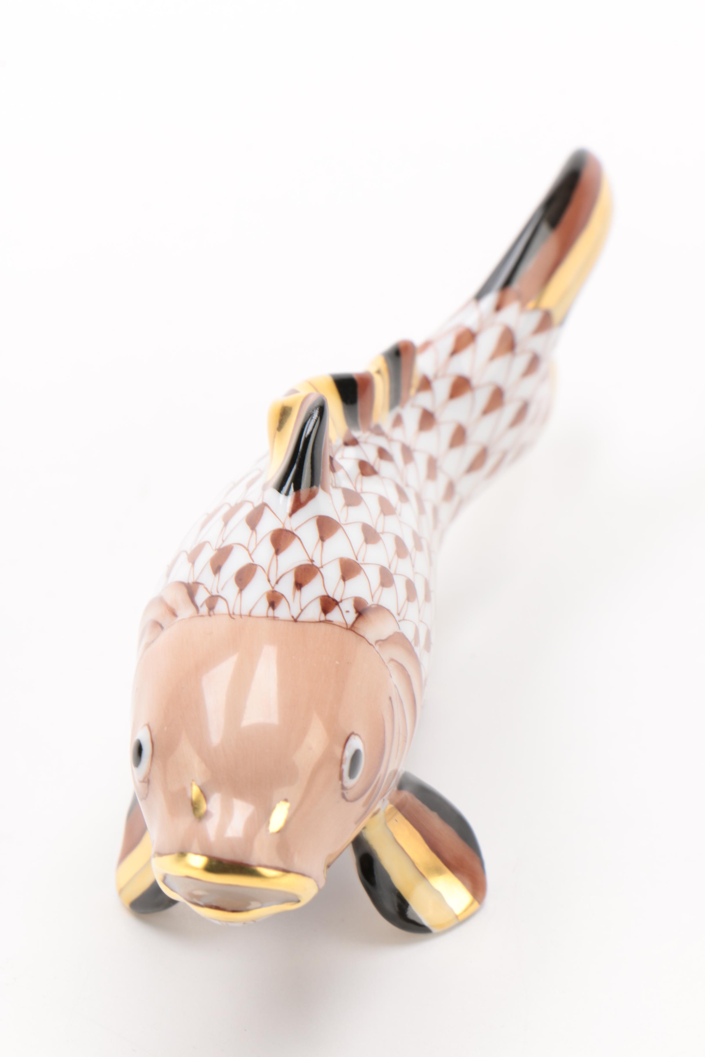 Herend Chocolate Fishnet with Gold "Carp Koi Fish" Porcelain Figurine