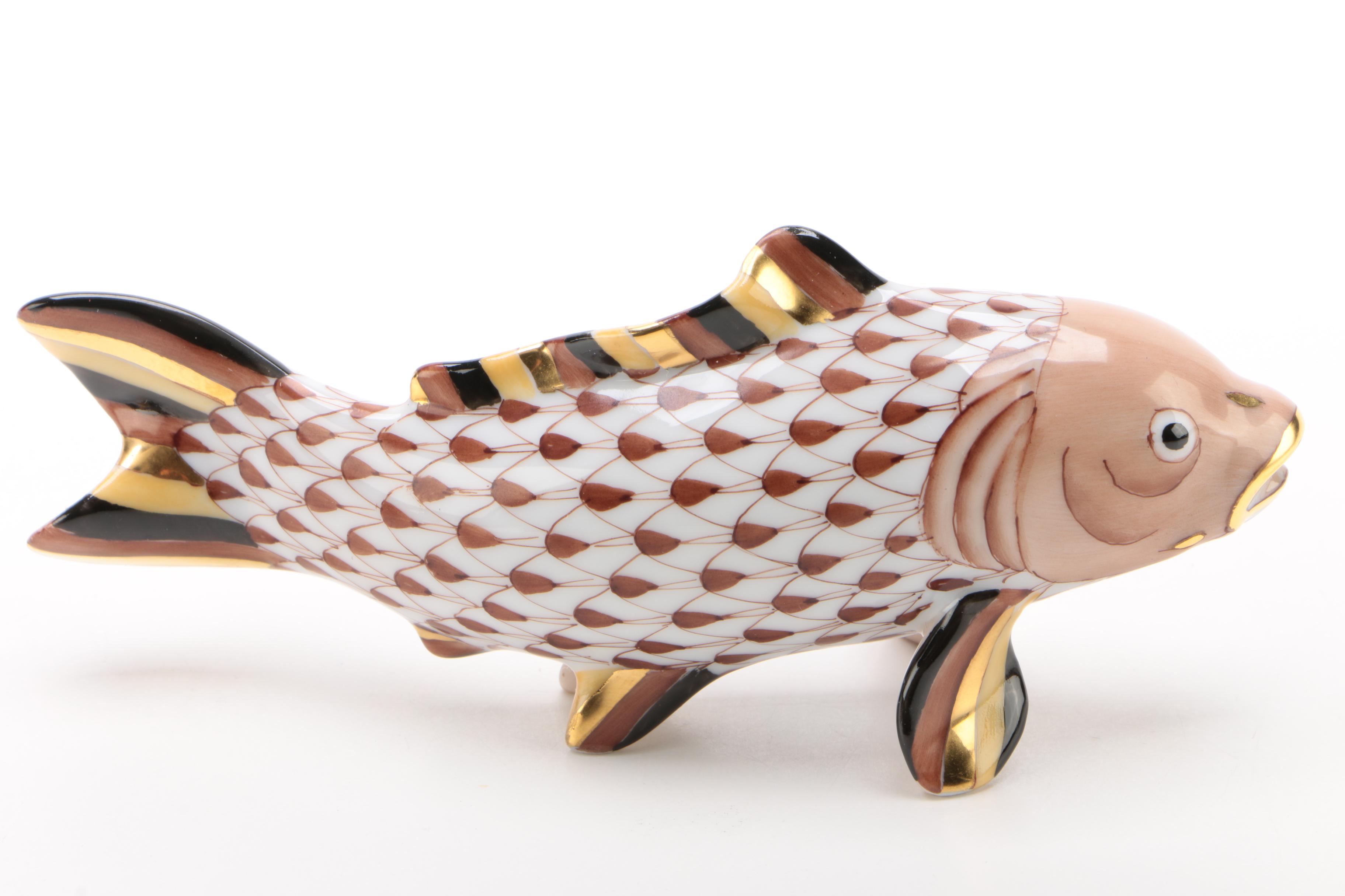 Herend Chocolate Fishnet with Gold "Carp Koi Fish" Porcelain Figurine