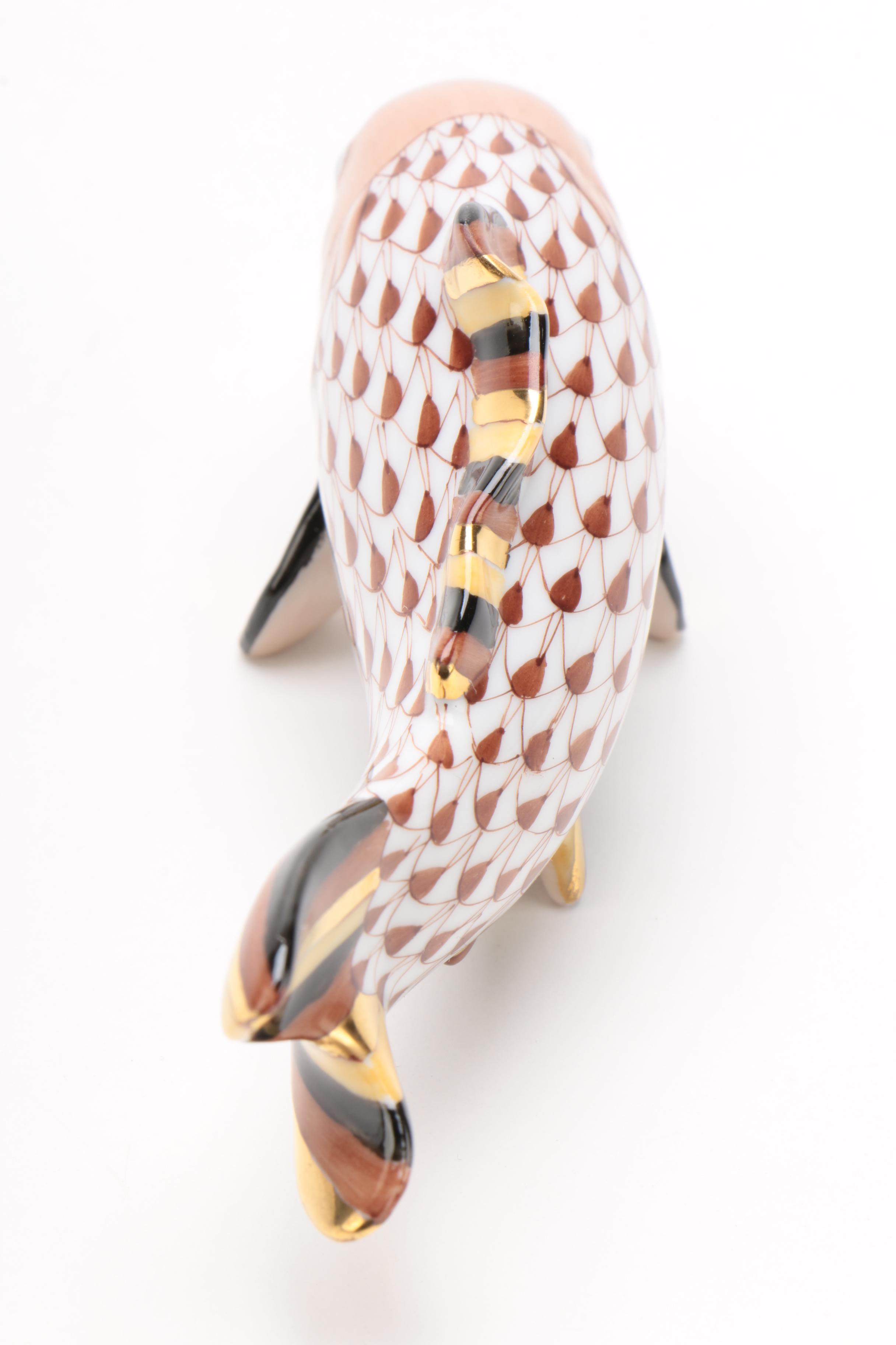 Herend Chocolate Fishnet with Gold "Carp Koi Fish" Porcelain Figurine