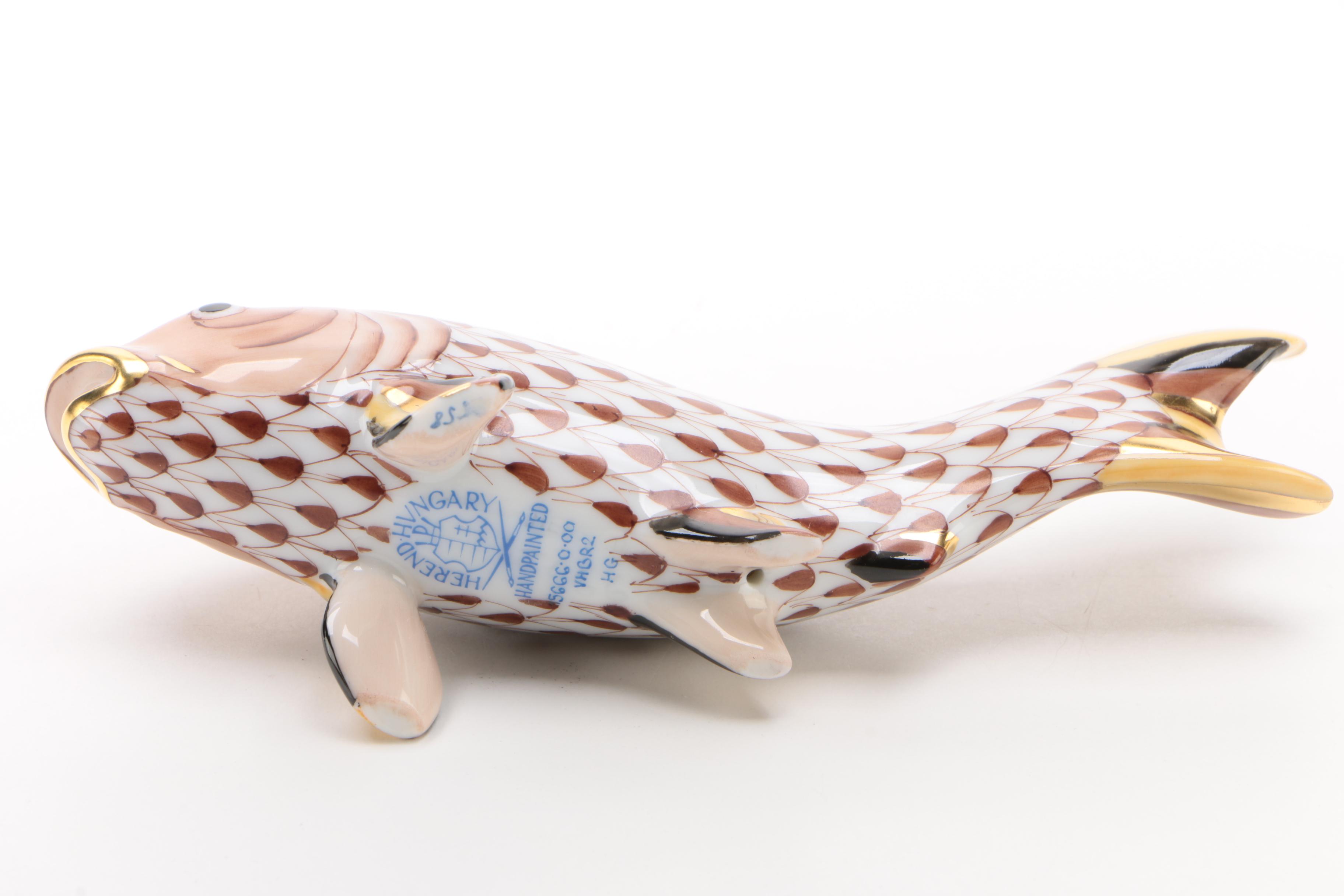 Herend Chocolate Fishnet with Gold "Carp Koi Fish" Porcelain Figurine