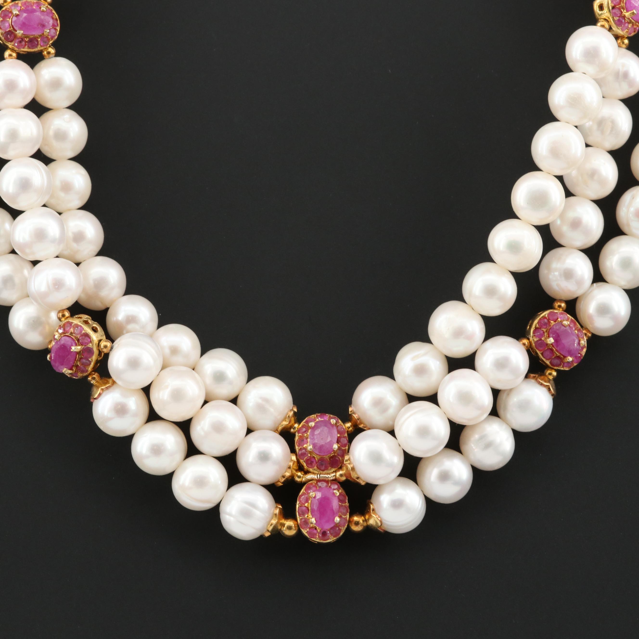 Sterling Silver Cultured Pearl and Ruby Triple Strand Bib Necklace
