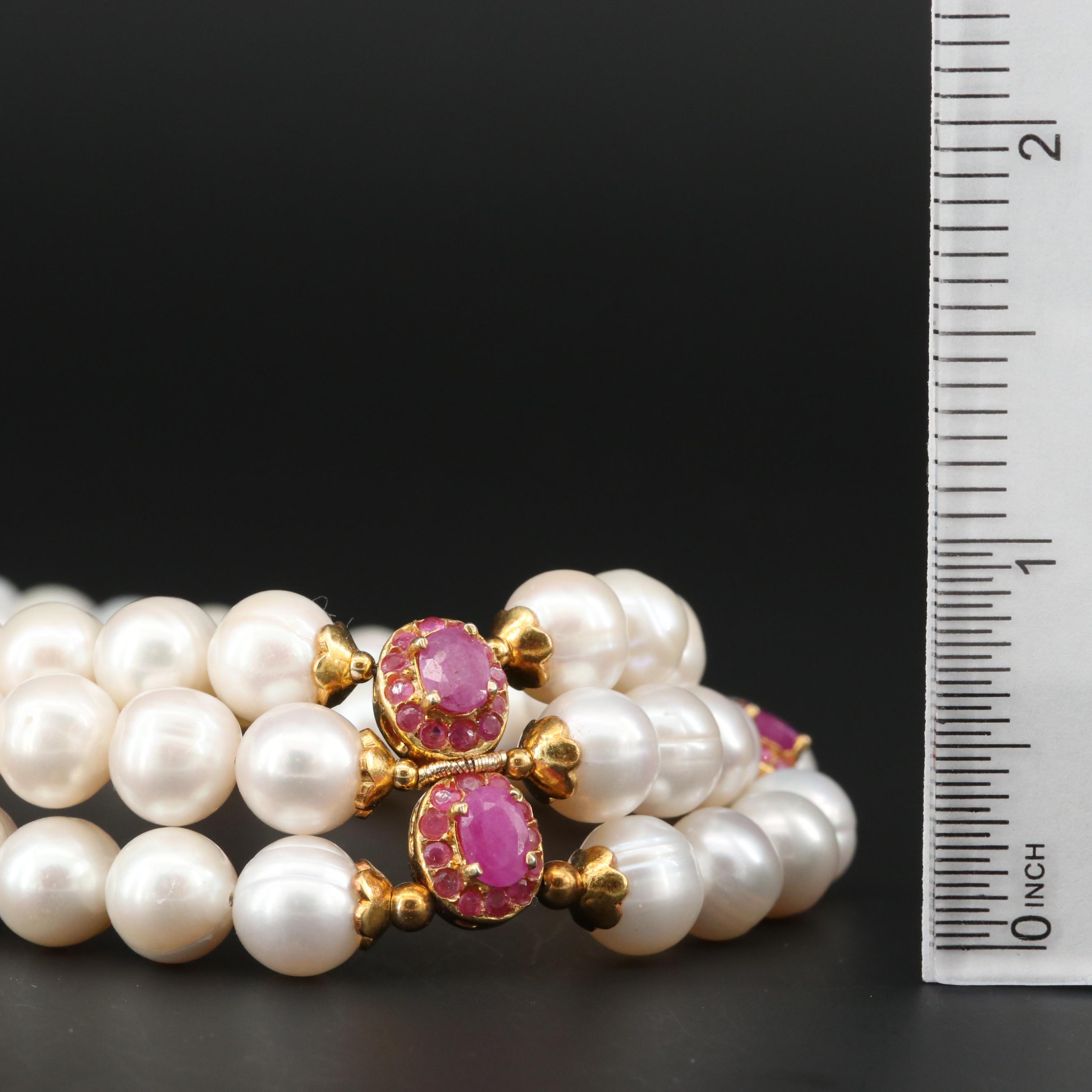 Sterling Silver Cultured Pearl and Ruby Triple Strand Bib Necklace