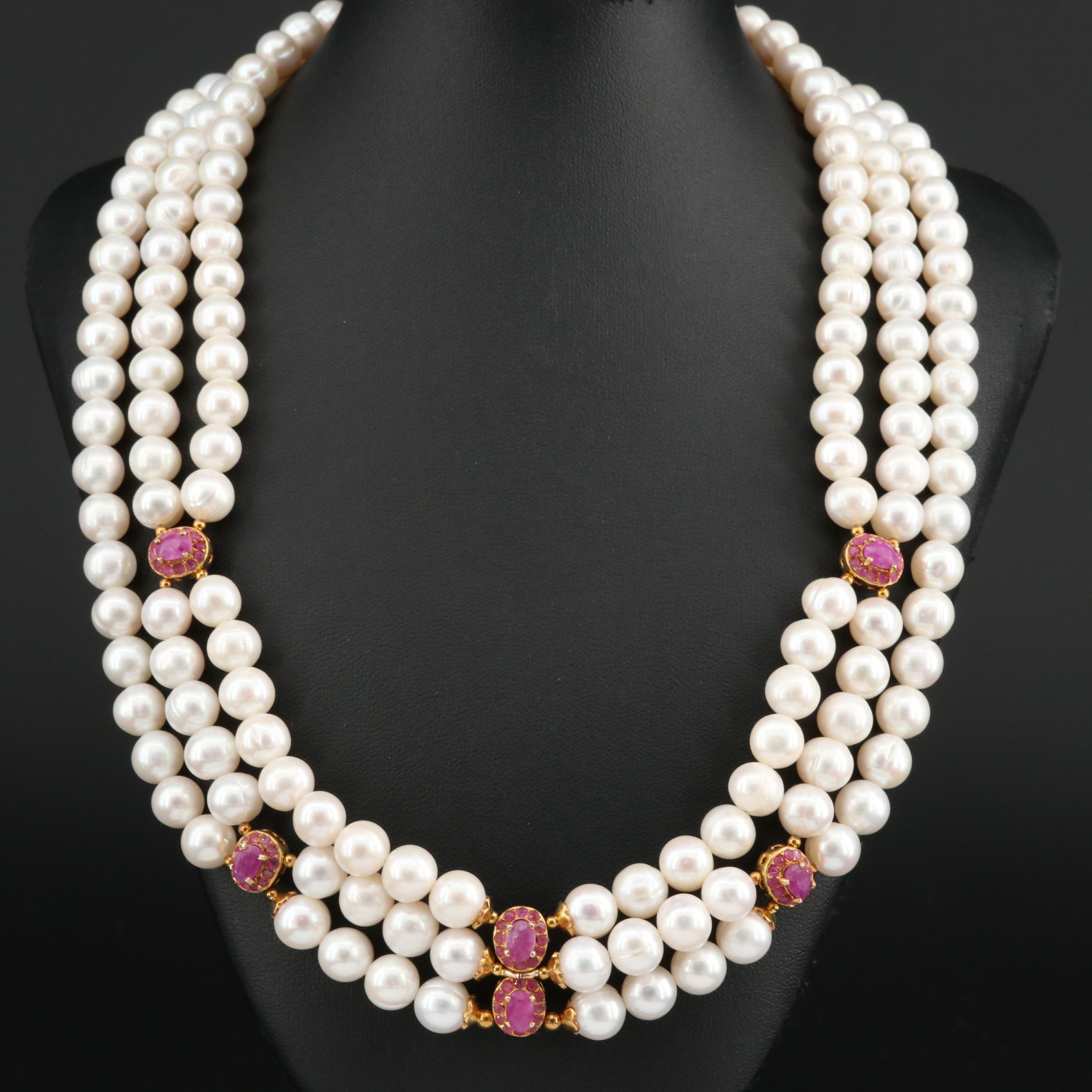 Sterling Silver Cultured Pearl and Ruby Triple Strand Bib Necklace