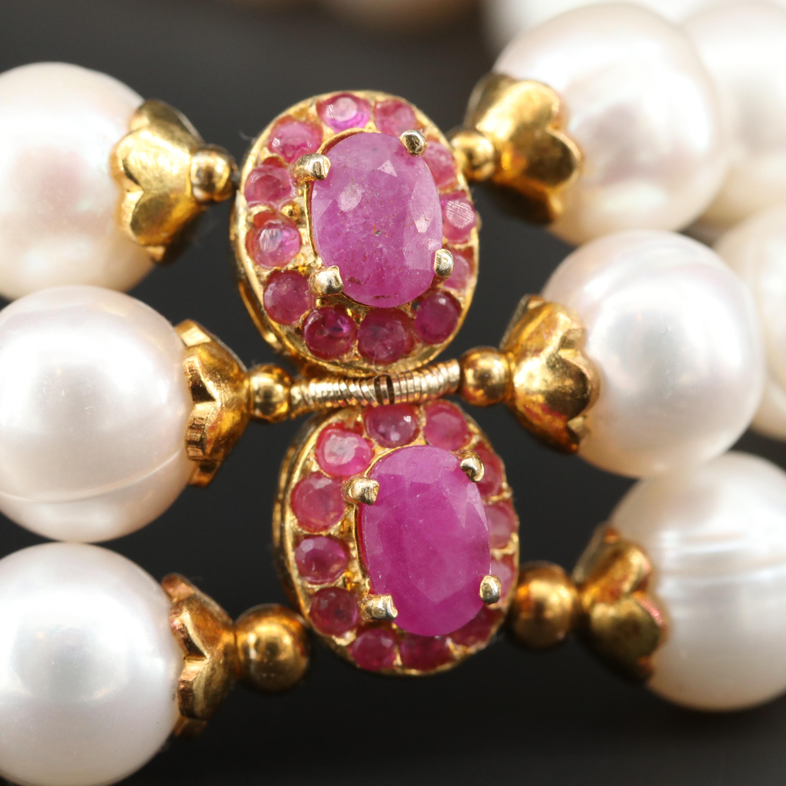 Sterling Silver Cultured Pearl and Ruby Triple Strand Bib Necklace