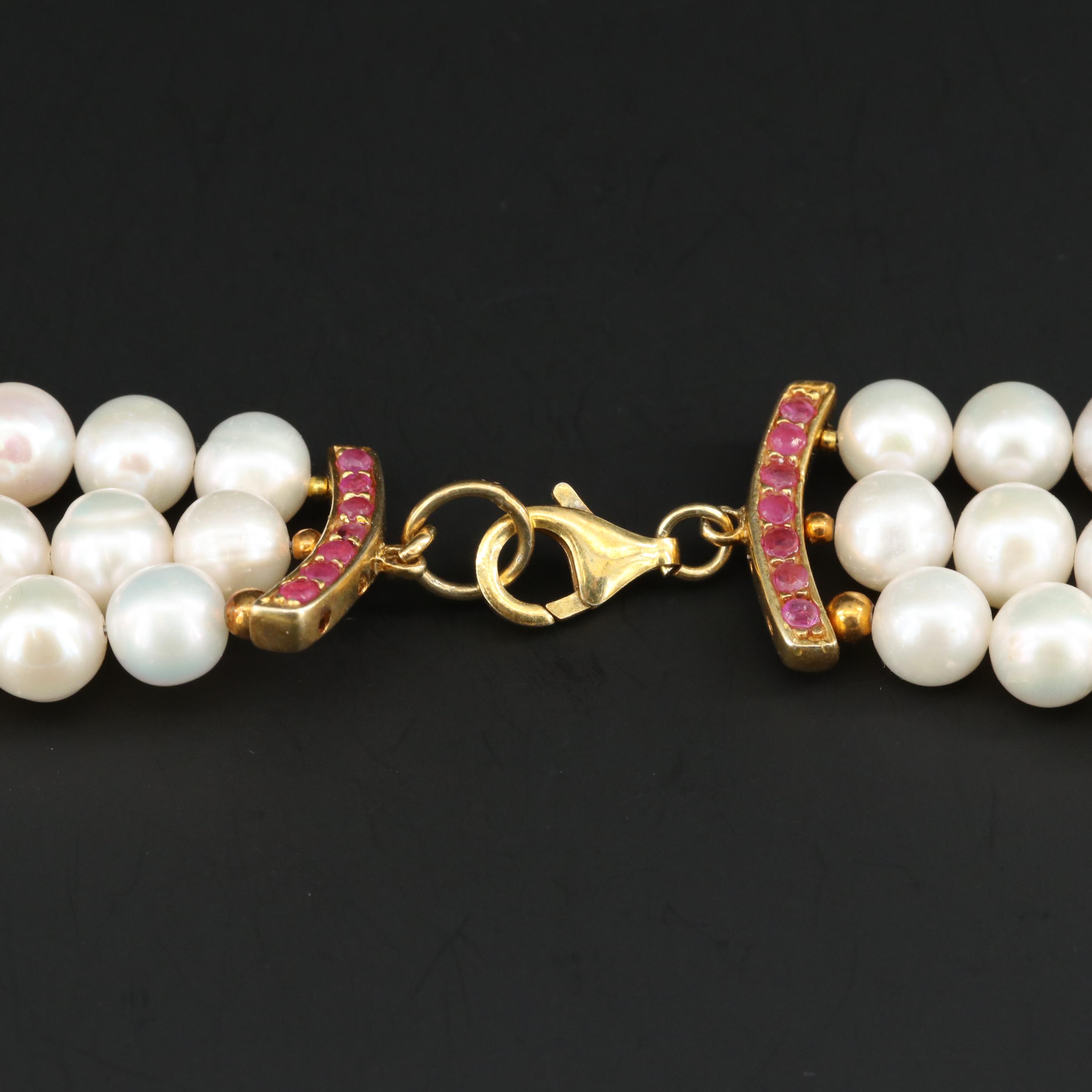 Sterling Silver Cultured Pearl and Ruby Triple Strand Bib Necklace