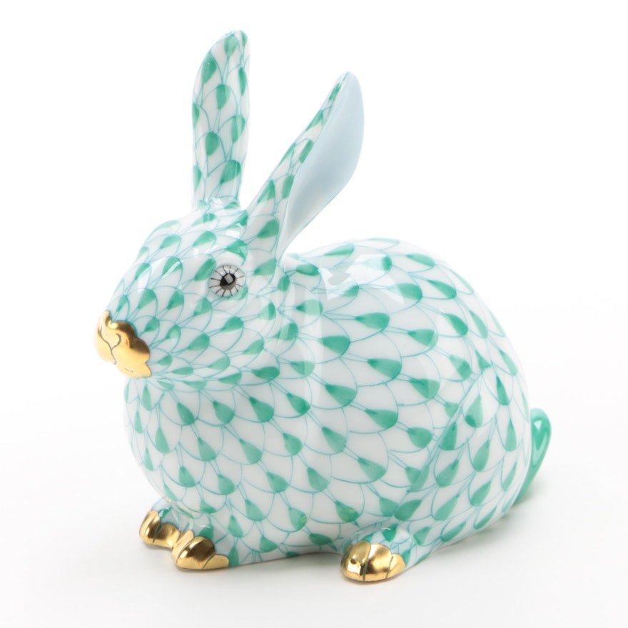 Herend Guild Green Fishnet with Gold "Chubby Bunny" Porcelain Figurine, 2006