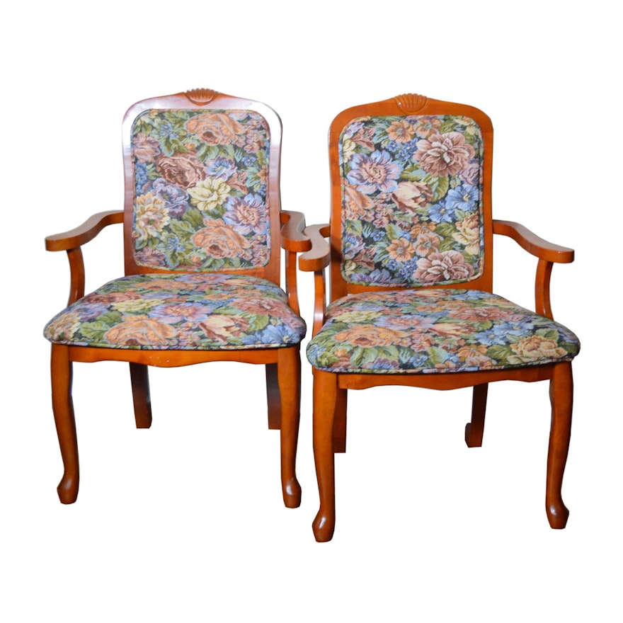 Transitional Cherry Tapestry Style Upholstered Armchairs, Late 20th Century