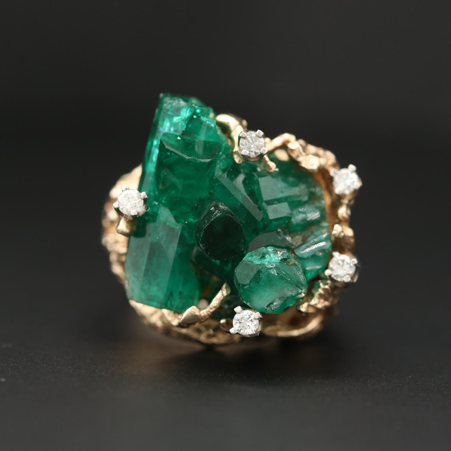 14K Yellow Gold Emerald and Diamond Biomorphic Ring