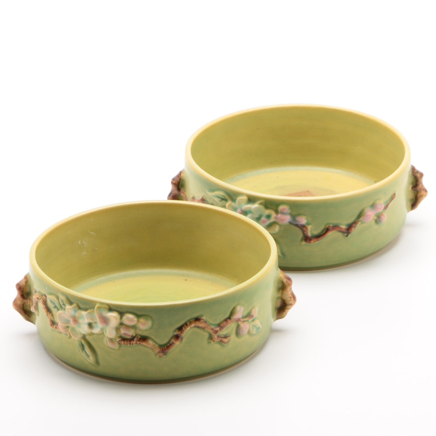 Roseville Pottery "Apple Blossom" Bowls with Green Matte Finish, Mid-Century
