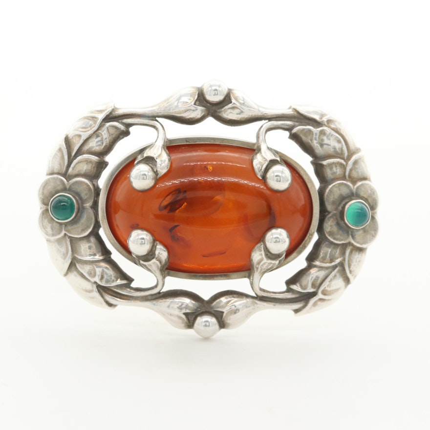 Georg Jensen Sterling Silver Amber and Green Chalcedony Brooch