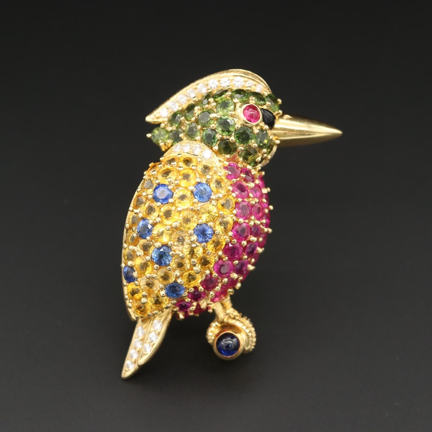 18K Yellow Gold Ruby, Sapphire, Diamond and Black Onyx King Fisher Brooch