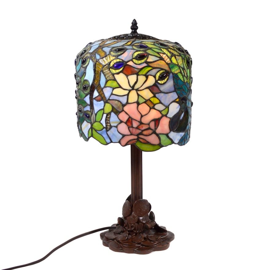 Art Nouveau Style Stained Glass Peacock Table Lamp, Contemporary