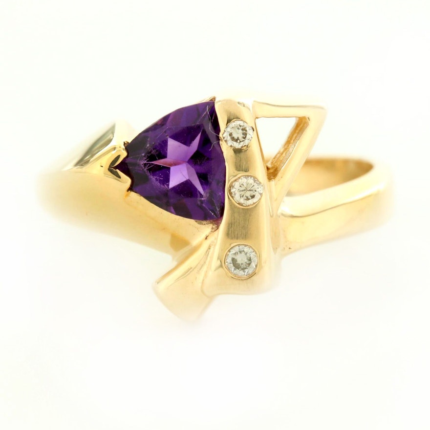 14K Yellow Gold Amethyst and Diamond Geometric Ring