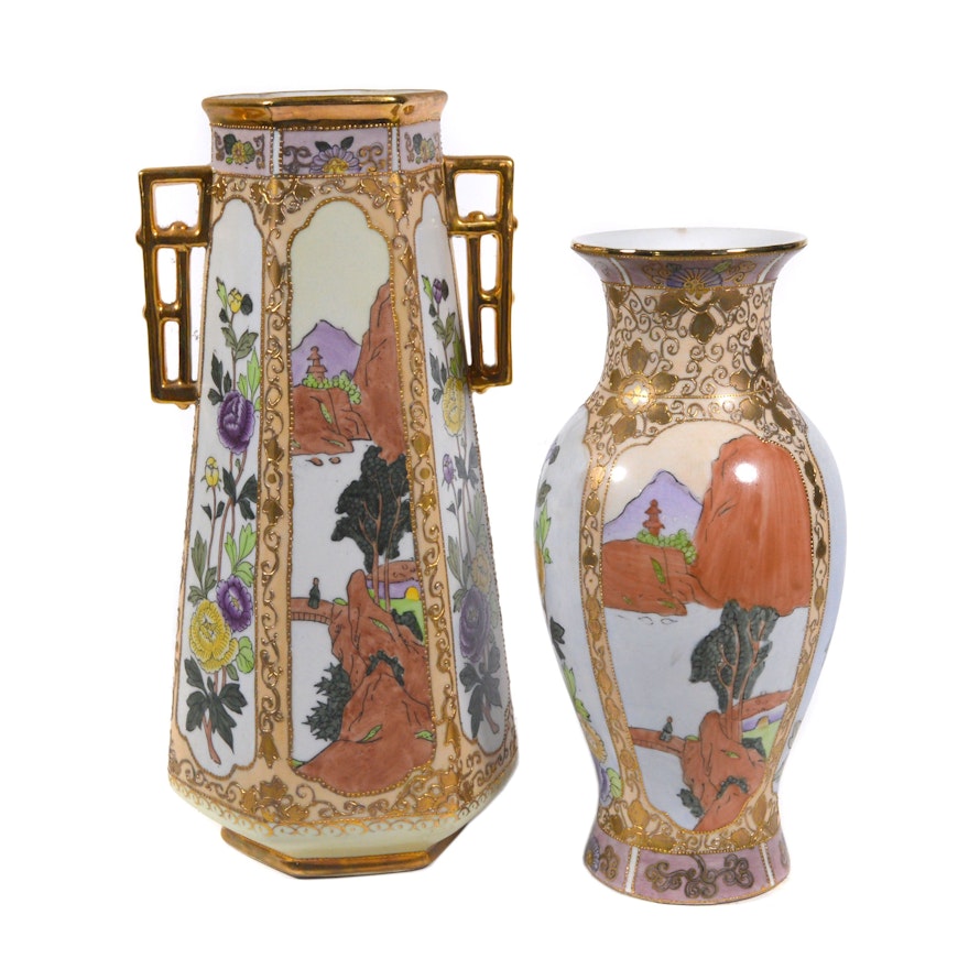 Hand Painted Nippon Porcelain Vases, Mid 20th Century