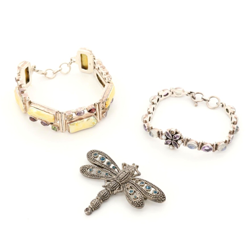 Gemstone Dragonfly Brooch and Sterling Silver Bracelets