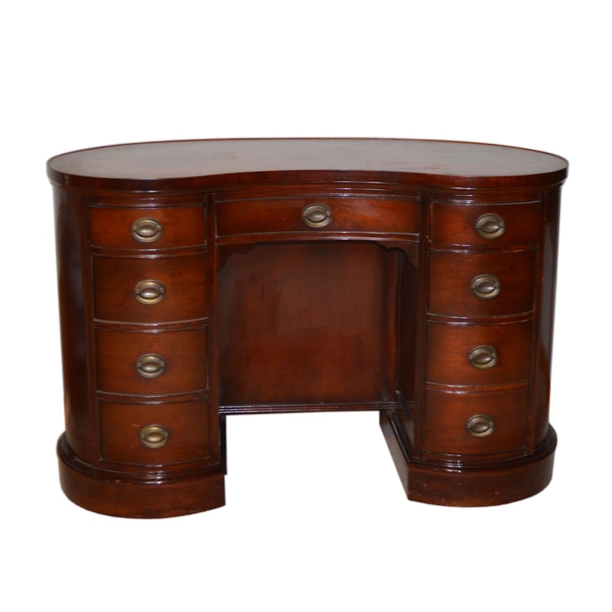 Kidney Shaped Tooled Leather and Mahogany Executive Desk, Vintage