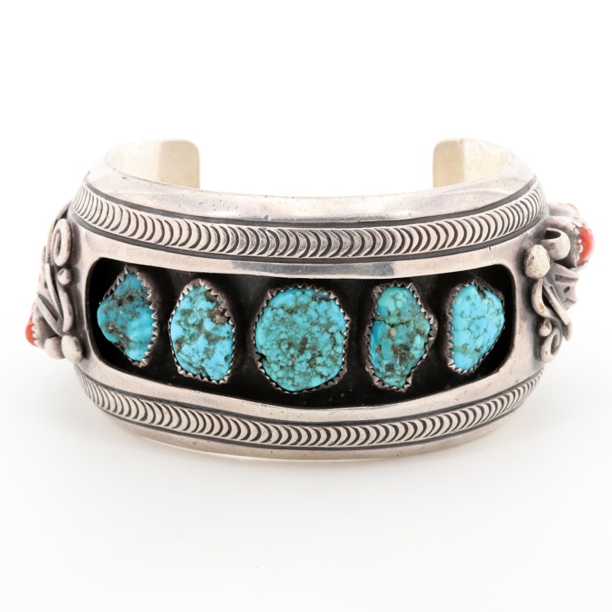 Southwestern Style Sterling Silver Turquoise and Coral Cuff Bracelet