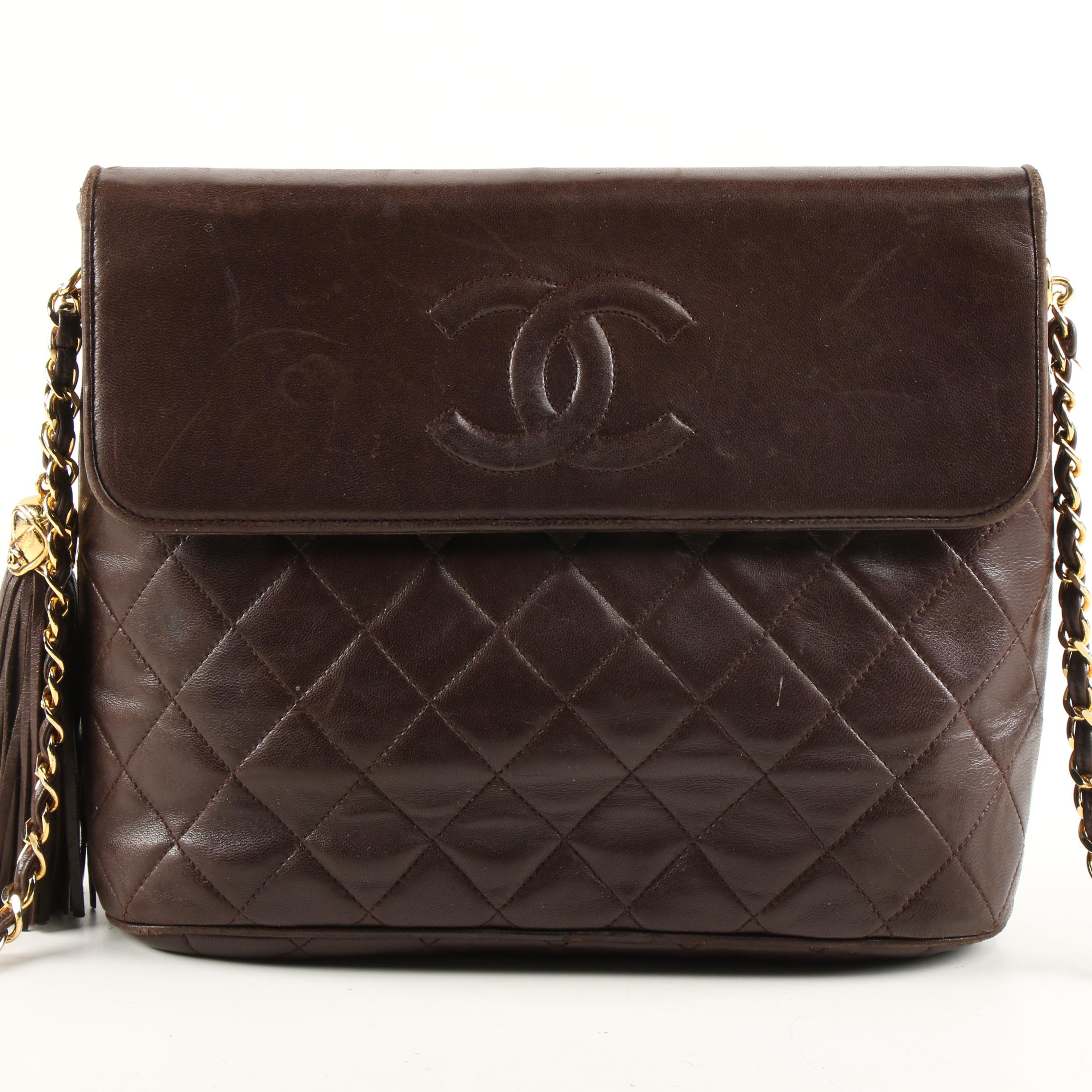 Chanel Dark Brown Quilted Lambskin Leather Chain Shoulder Bag with Tassel
