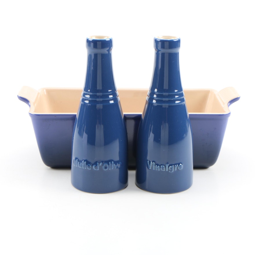 Le Creuset Marseille Stoneware Loaf Pan with Oil and Vinegar Cruet Set