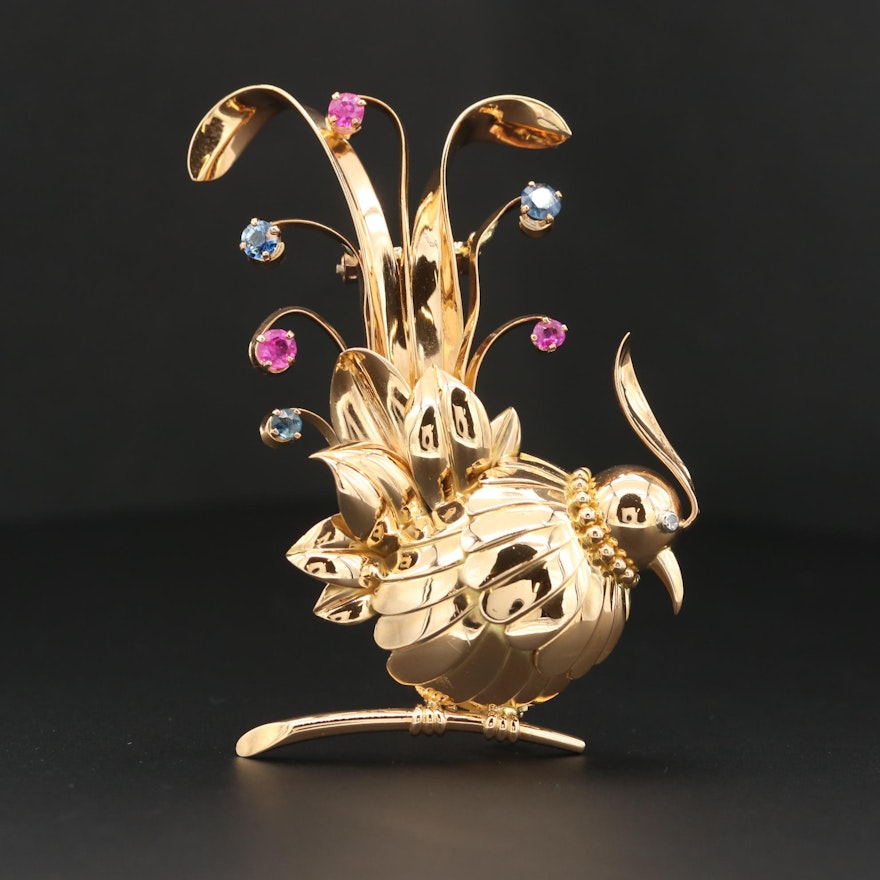 18K Yellow Gold Sapphire and Ruby Bird Brooch