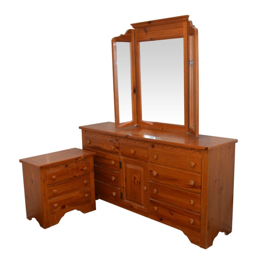 Webb Pine Dresser With Mirror and Nightstand, Late 20th Century