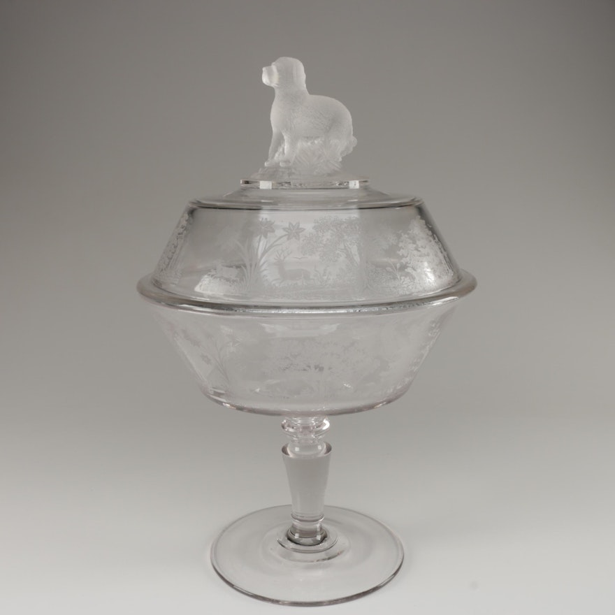 Gillinder Etched Glass Deer and Dog Compote