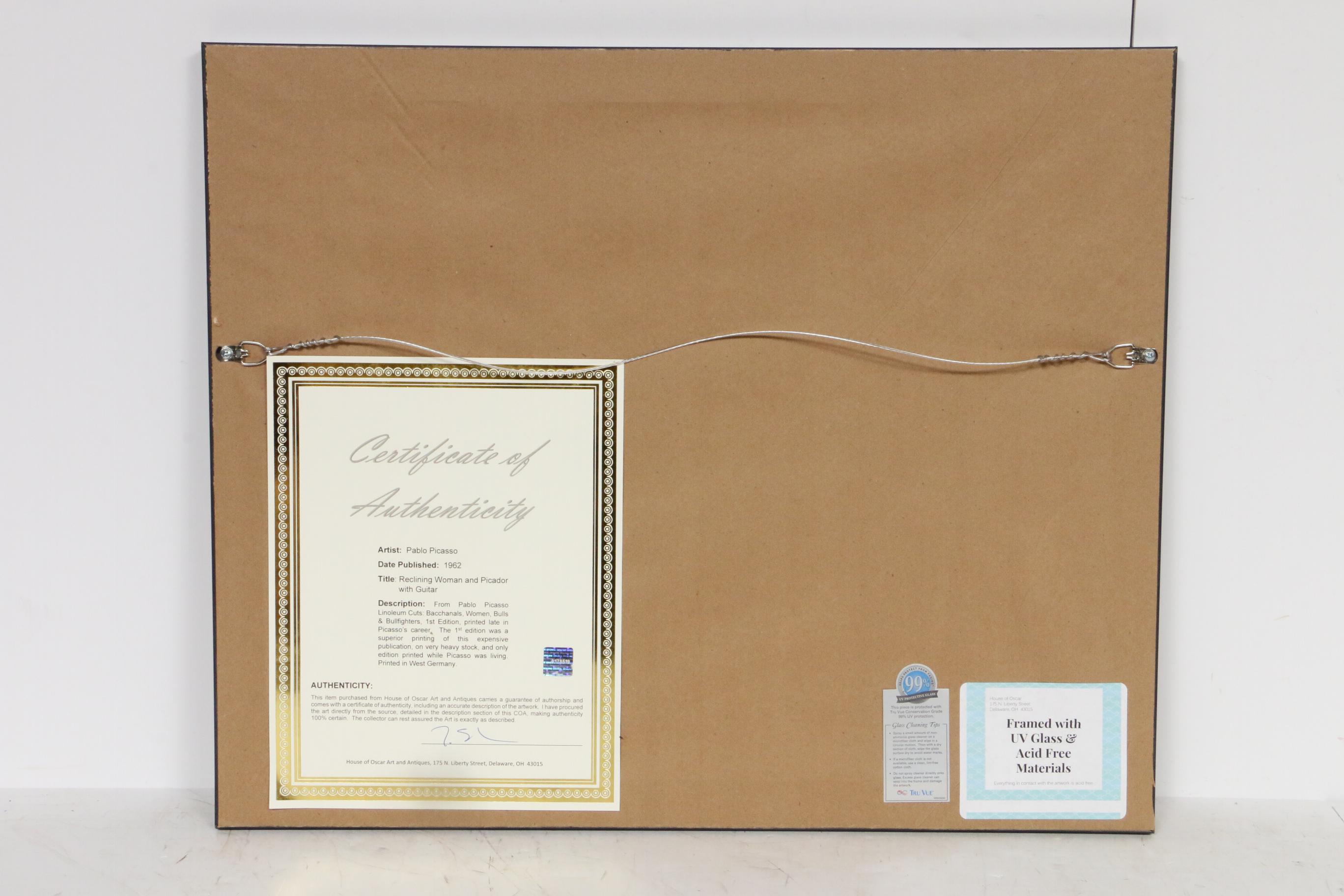 Pablo Picasso Linoleum Cut "Reclining Woman and Picador with Guitar"