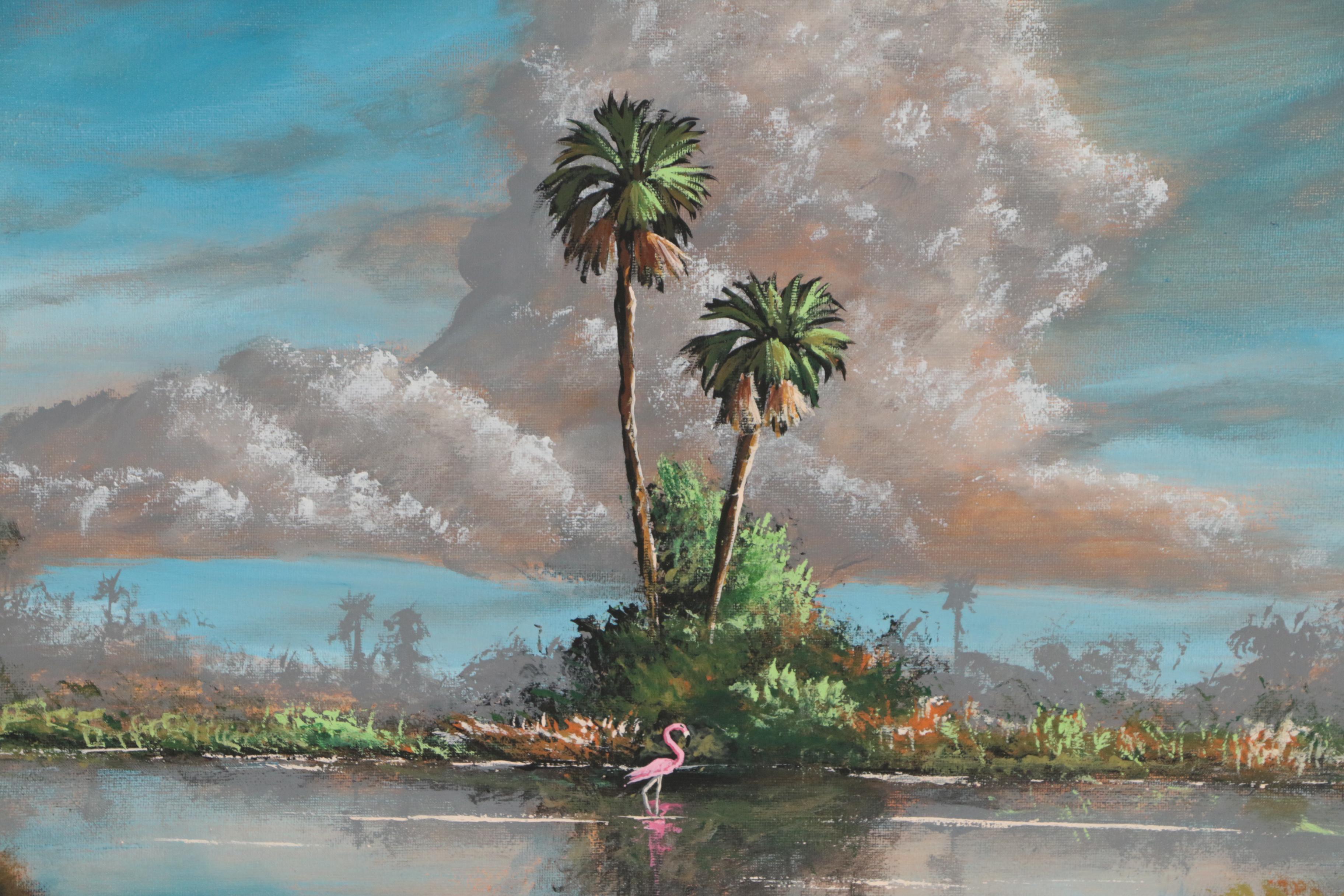 Stan Prather Oil Painting of Tropical Landscape with Flamingo