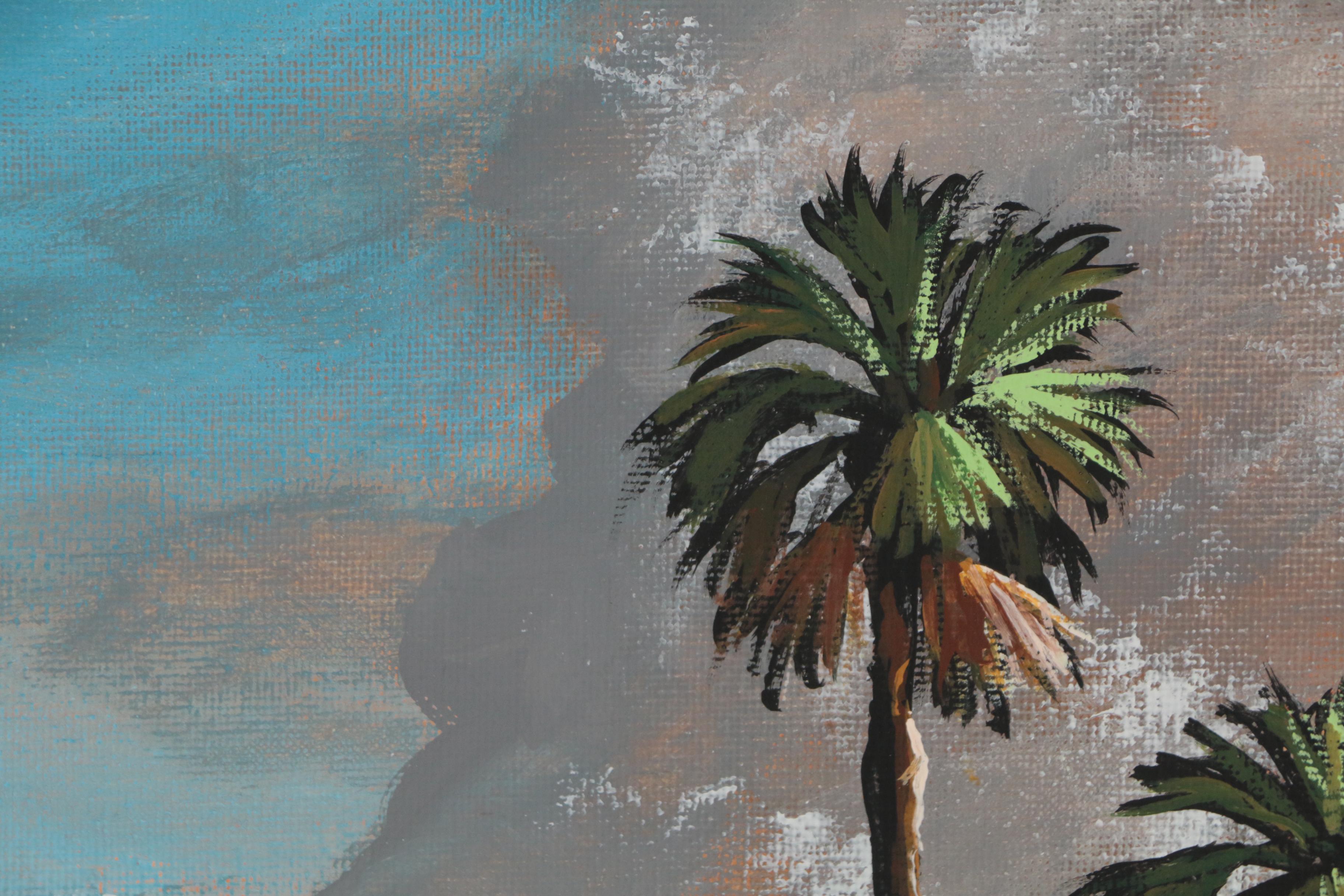 Stan Prather Oil Painting of Tropical Landscape with Flamingo