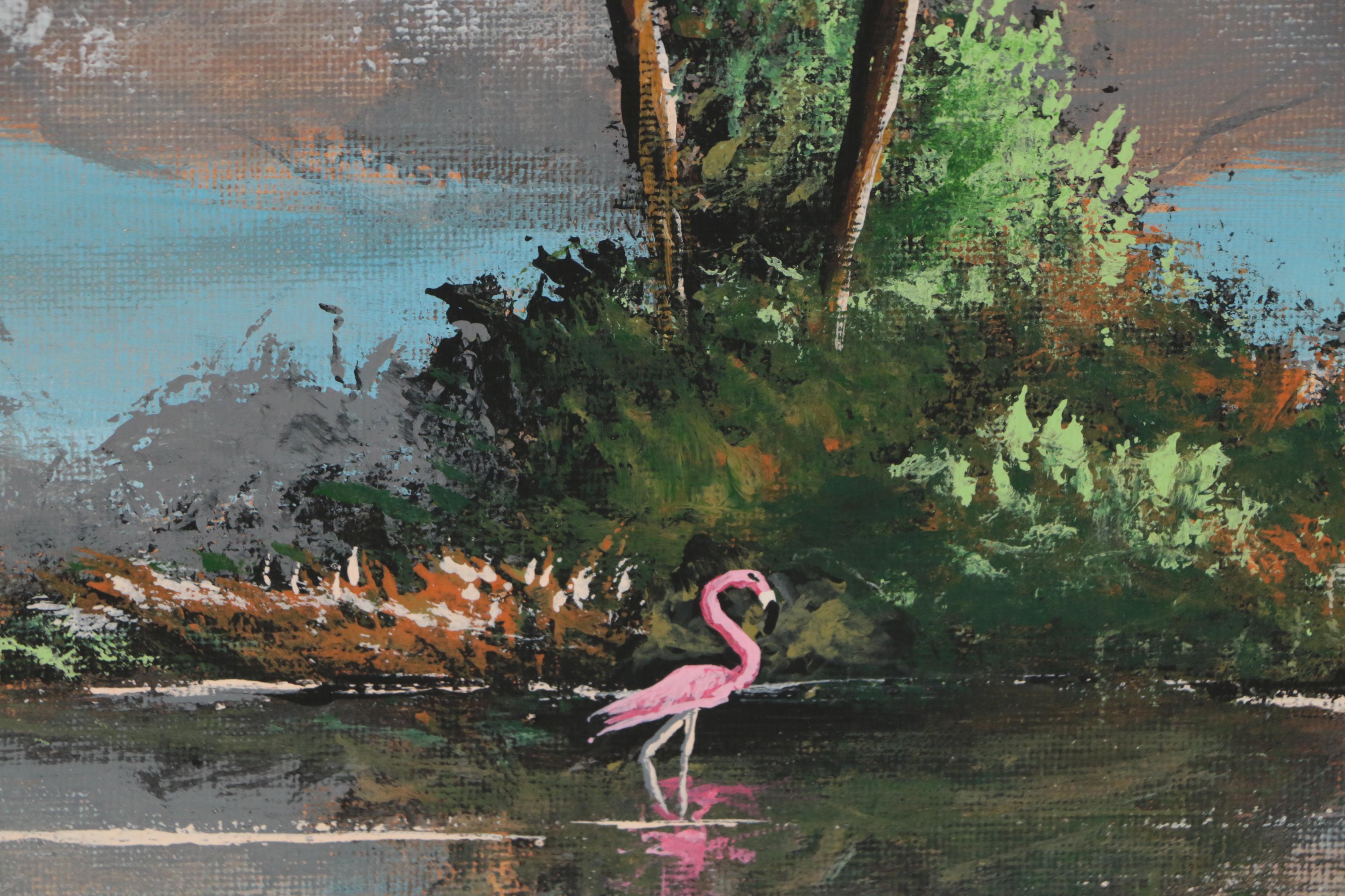 Stan Prather Oil Painting of Tropical Landscape with Flamingo