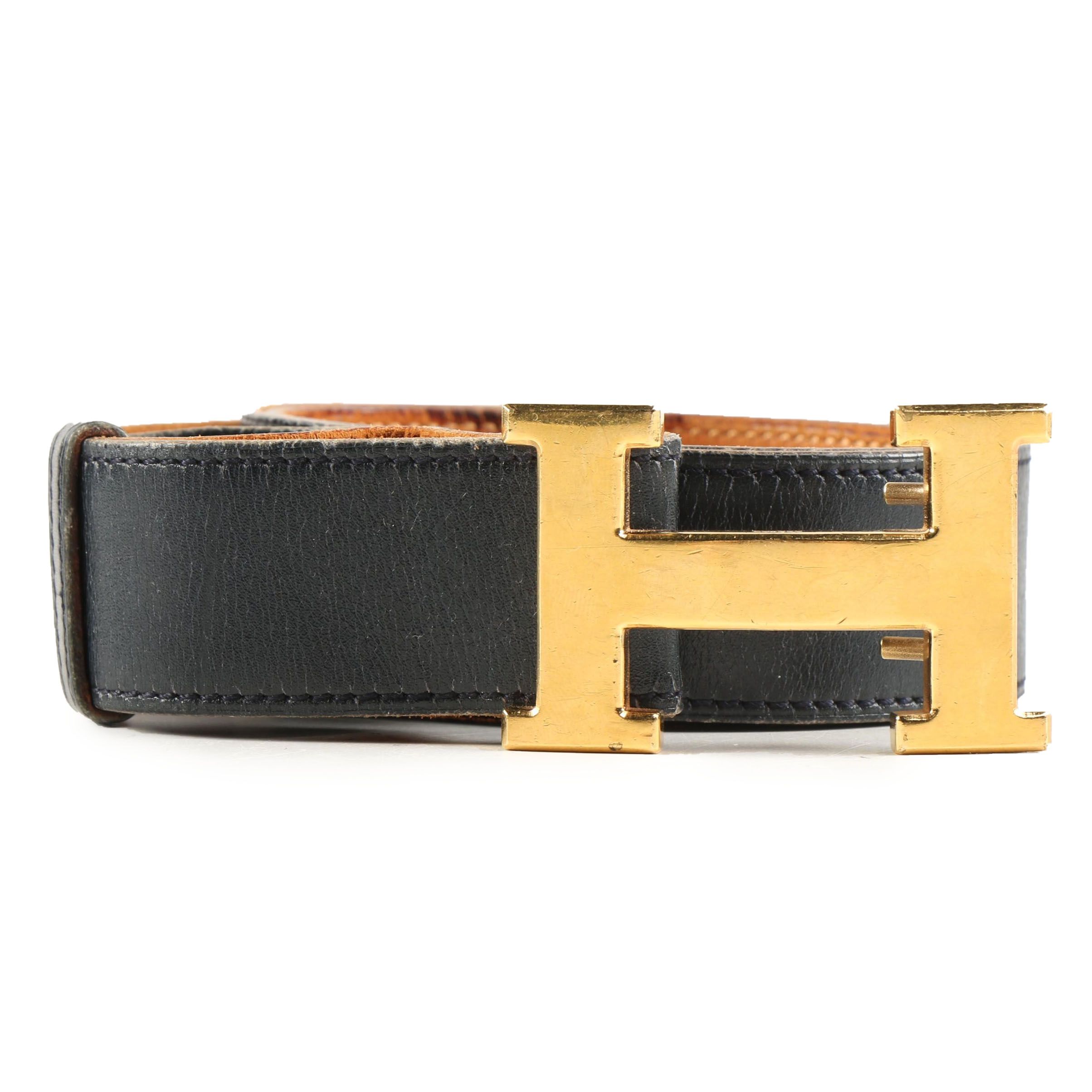 Hermès Gold Tone H Buckle on Black Box Calf Leather Belt