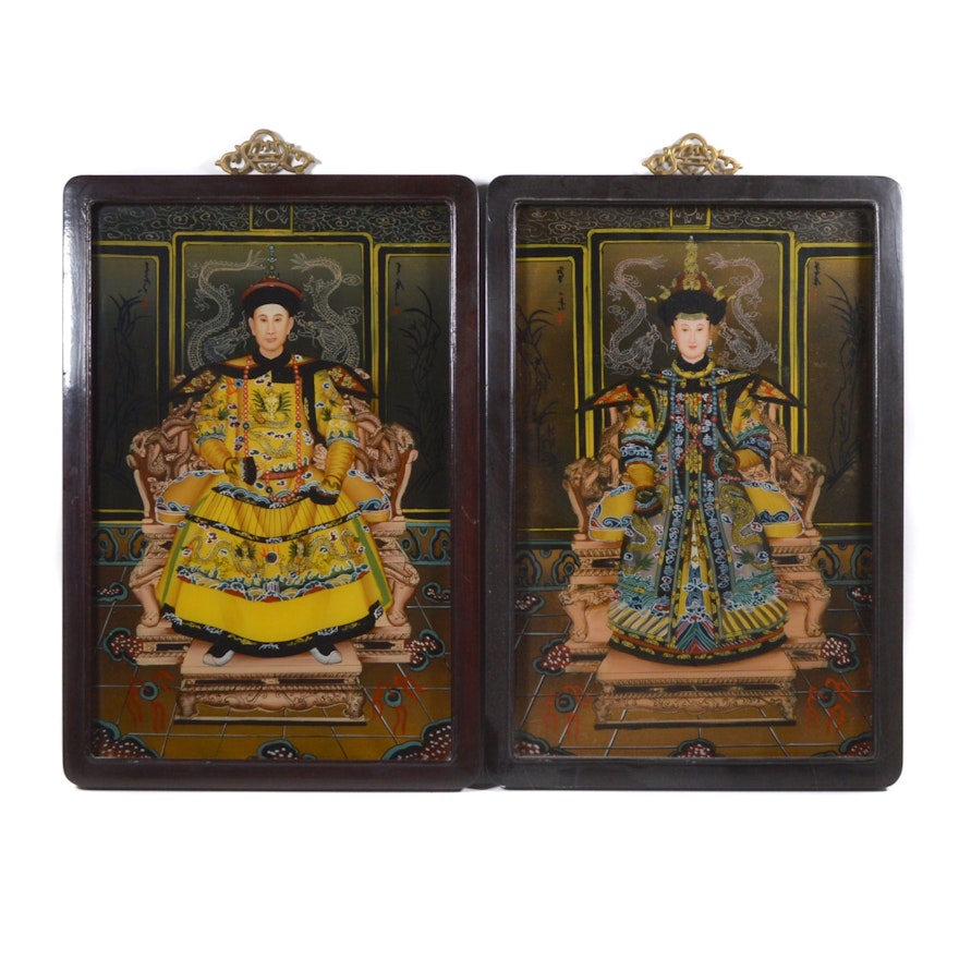 Reverse-Glass Chinese Emperor and Empress Portrait Paintings