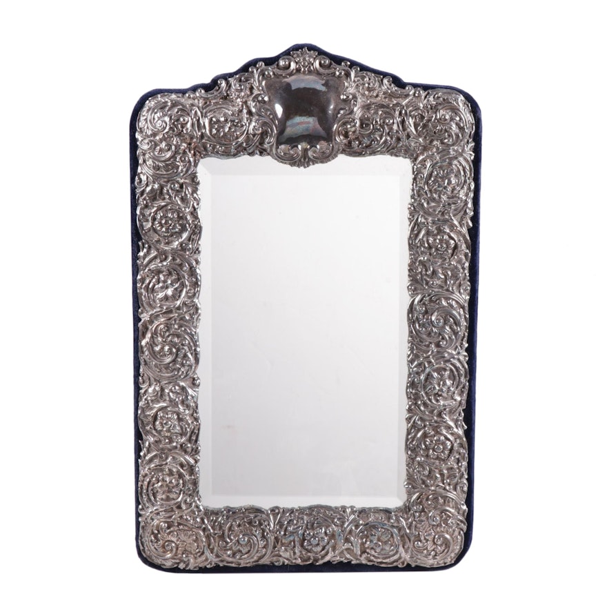 Neil Lasher Britannia Silver Repoussé Floral Tabletop Mirror, 1990s