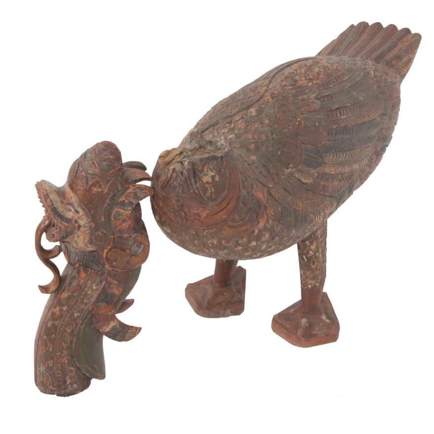 Southeast Asian Chimeric Mythology Carved Wood Polychrome Floor Figure