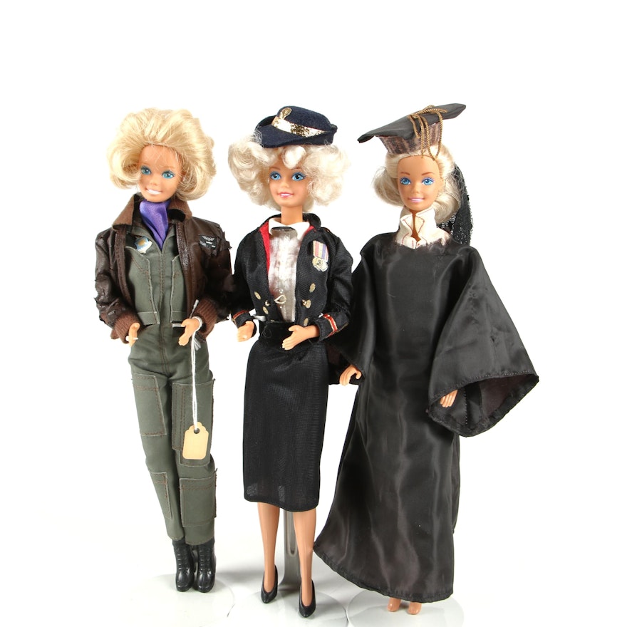 1980s Mattel Barbies Dressed in Graduation, Air Force and Military Outfits