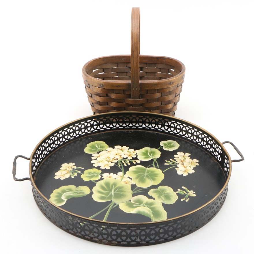 Pilgrim Art Colonial Revival Hand-Painted Tole Tray with Splint Woven Basket