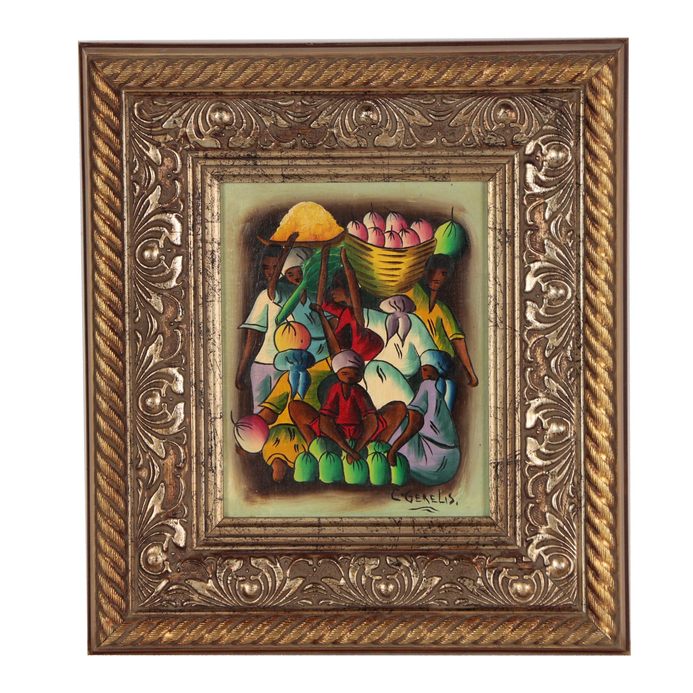 C. Gerelis Oil Painting of Haitian Folk Art Market Scene