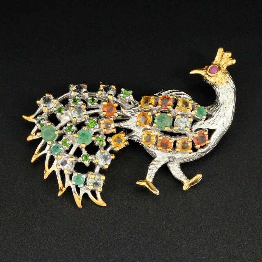 Sterling Silver Emerald, Yellow Sapphire and Ruby Peacock Brooch