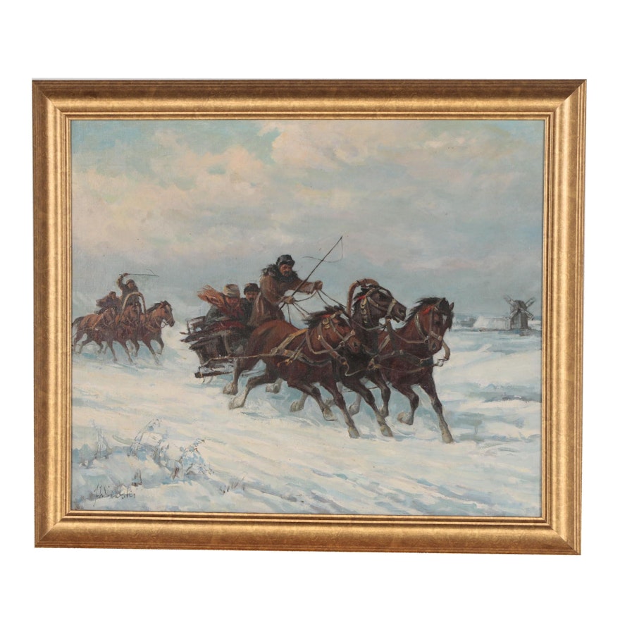 Oil Painting of Winter Carriage Scene, Late 20th Century
