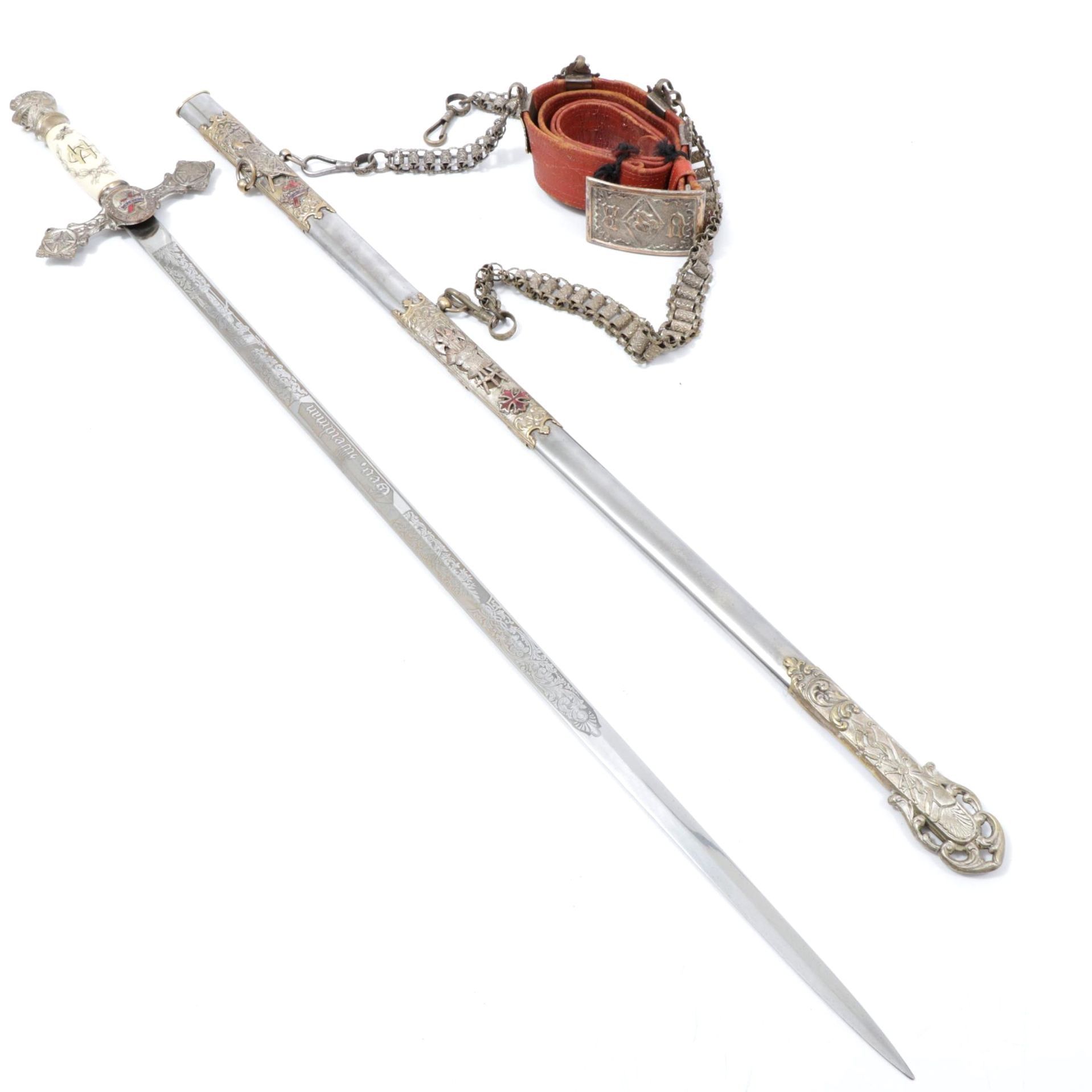 C. E. Ward Co. Masonic Knights Templar Ceremonial Sword with Leather Belt