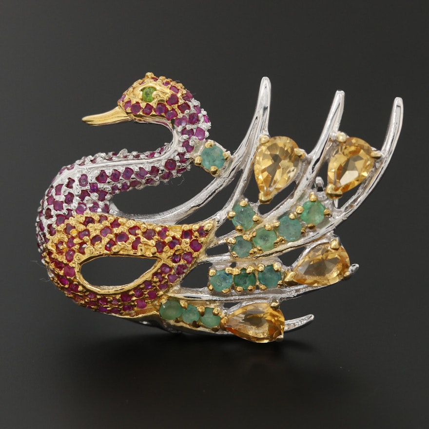 Sterling Silver Citrine, Emerald, and Ruby Swan Brooch